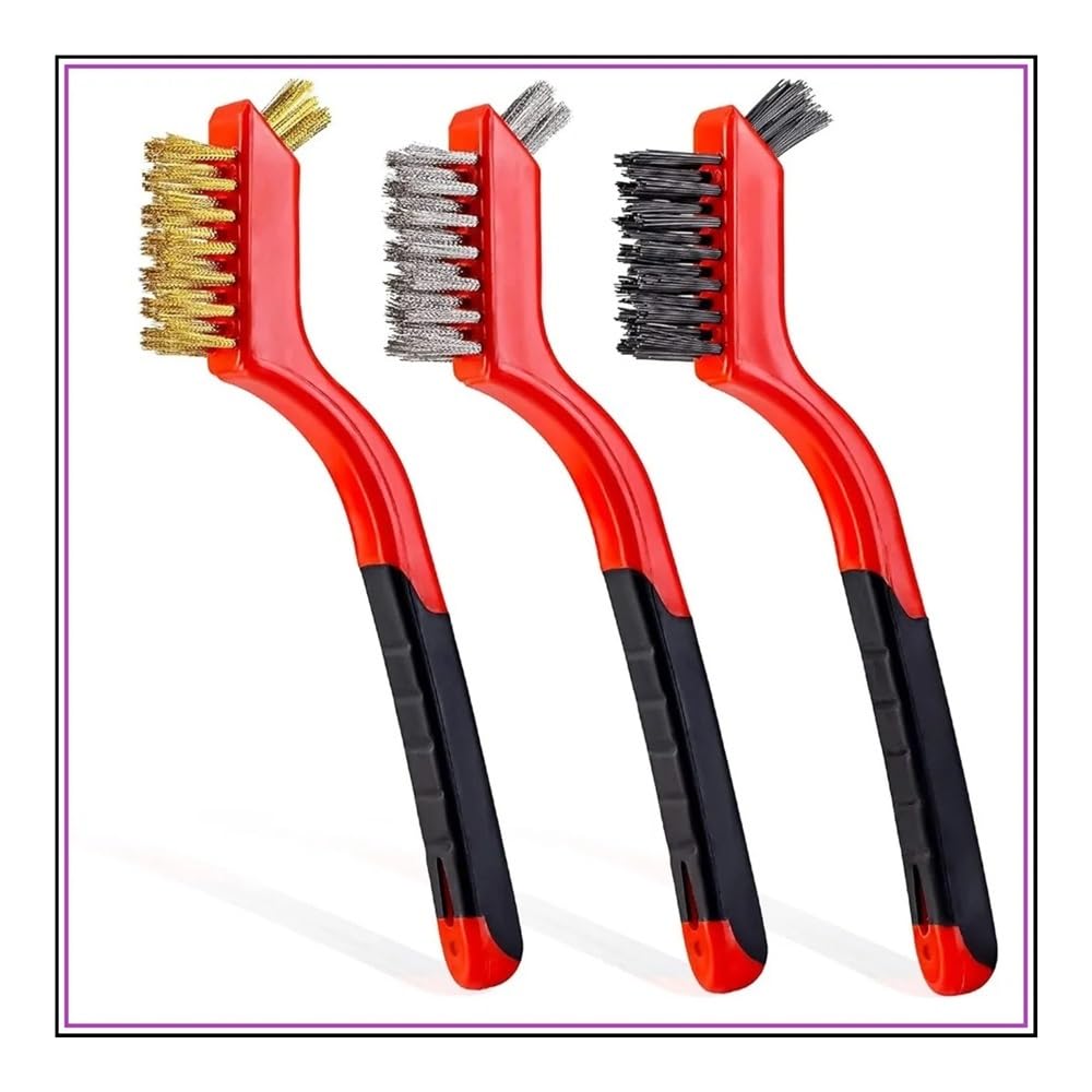 Wire Brush Set 3Pcs - Nylon, Brass, Stainless Steel Bristles, Curved Handle for Rust & Paint Scrubbing, 7 Inches