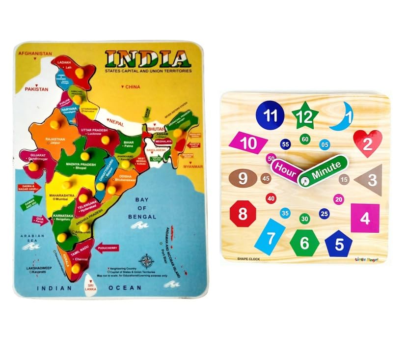 EL SMO Indian map with Clock Wooden Puzzle Toy for Kids Jigsaw Puzzles for Adults Baby Learning Educational Toys Board Game (Pack of 2) (B0D14Y4N2G) Amazon Price History, Amazon Price Tracker