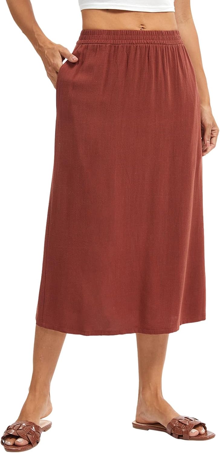 Women's Linen Blend Midi Skirt Reversible Front-Back Slit Design with Side Pockets - Image 4