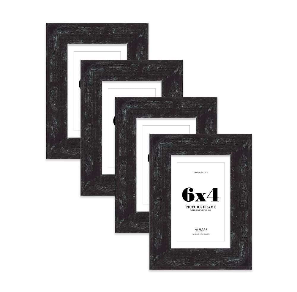 6x4" Distressed Black Picture Frame with 5x3" Mount - Rustic Photo Frame with Distressed Finish, Wall Hooks and Kickstand, 32mm Edge - 4 Pack
