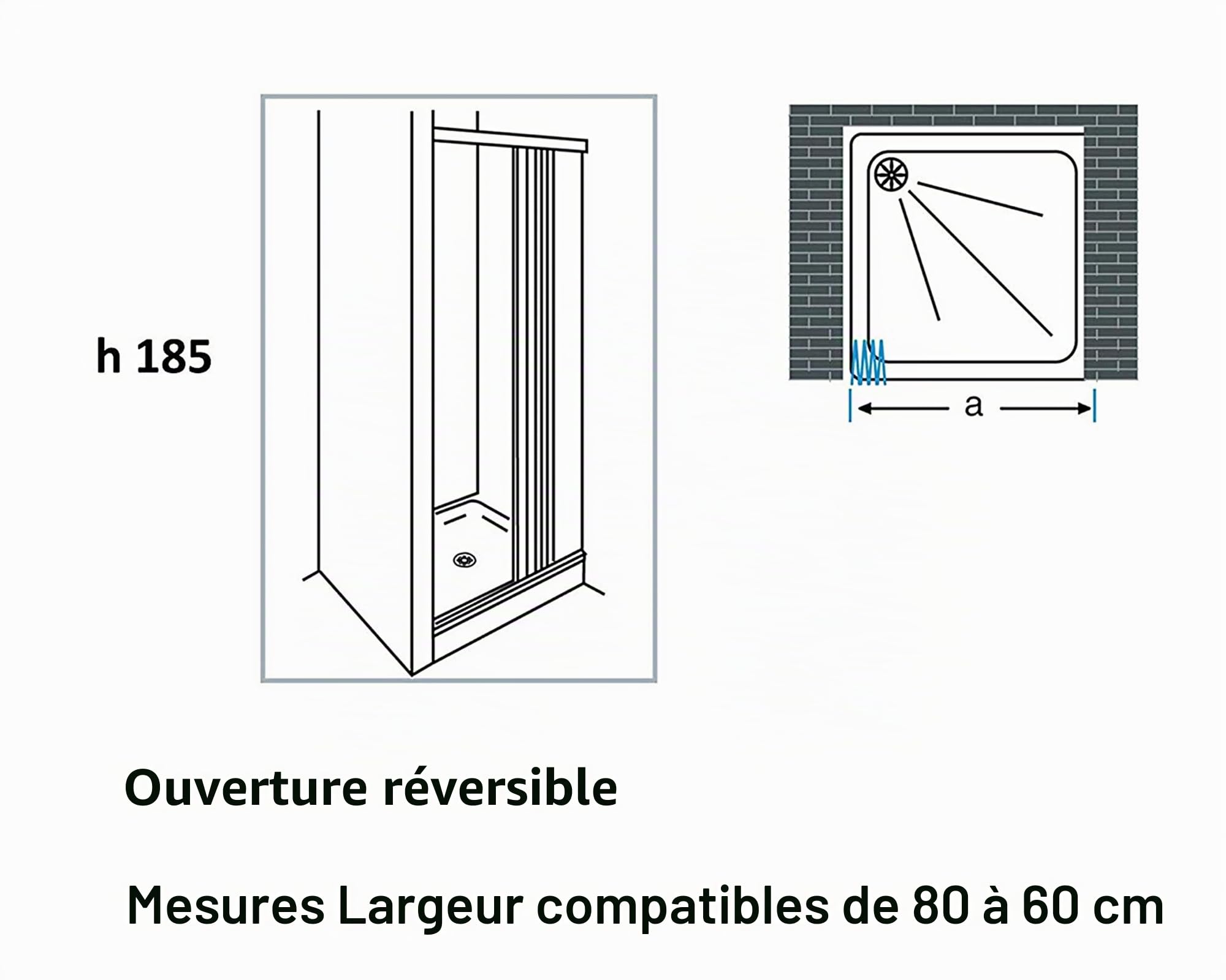 Forte: cabine de douche Flex à soufflet en PVC, anticalcaire, réductible, résistant aux chocs, kit complet, 80L x 185H, blanc