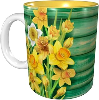 RFSHOP Tazas de café con flores de narcisos amarillos, taza de cerámica de 11 onzas para oficina y hogar, taza de té de agua en el interior, color amarillo
