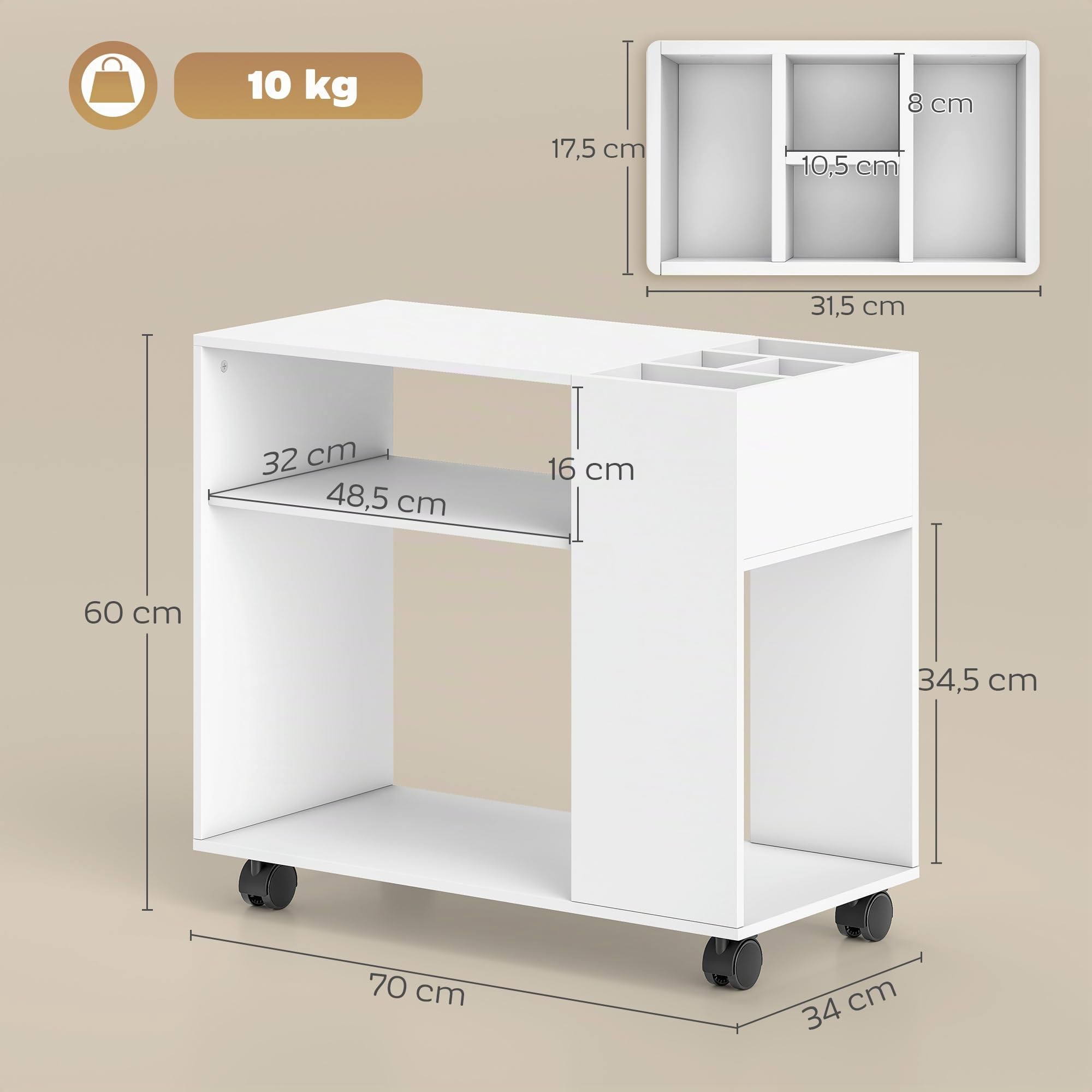 HOMCOM Druckertisch mit Rollen mit Unterteiltem Fach 70 x 34 x 60 cm Weiß | Druckerständer, Ablageflächen, Schreibtisch Organizer für Drucker, Druckerwagen für Büro Fax Scanner Office