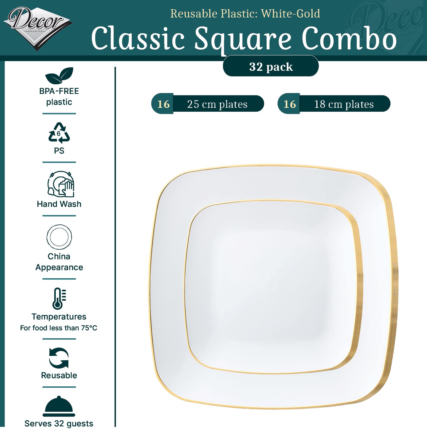 32 Assiettes Plastique Réutilisables Decorline - Motif Fleurs Dorées Sur Blanc - 16x25cm + 16x18cm