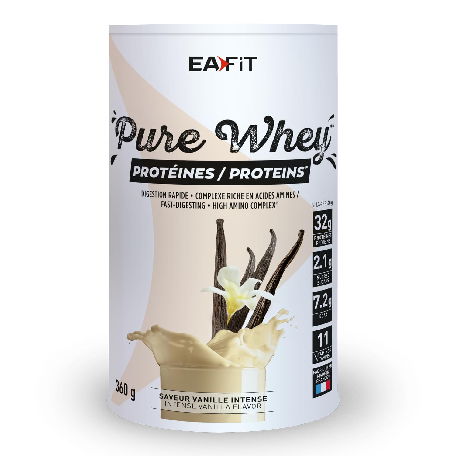 WHEY PROTEIN - Vanille - EAFIT - Marque Française N°1 en Nutrition Sportive - 31g de Proteine Whey - BCAA - Shaker Proteine - Pre Workout, Musculation - Protéines Whey - 360 g