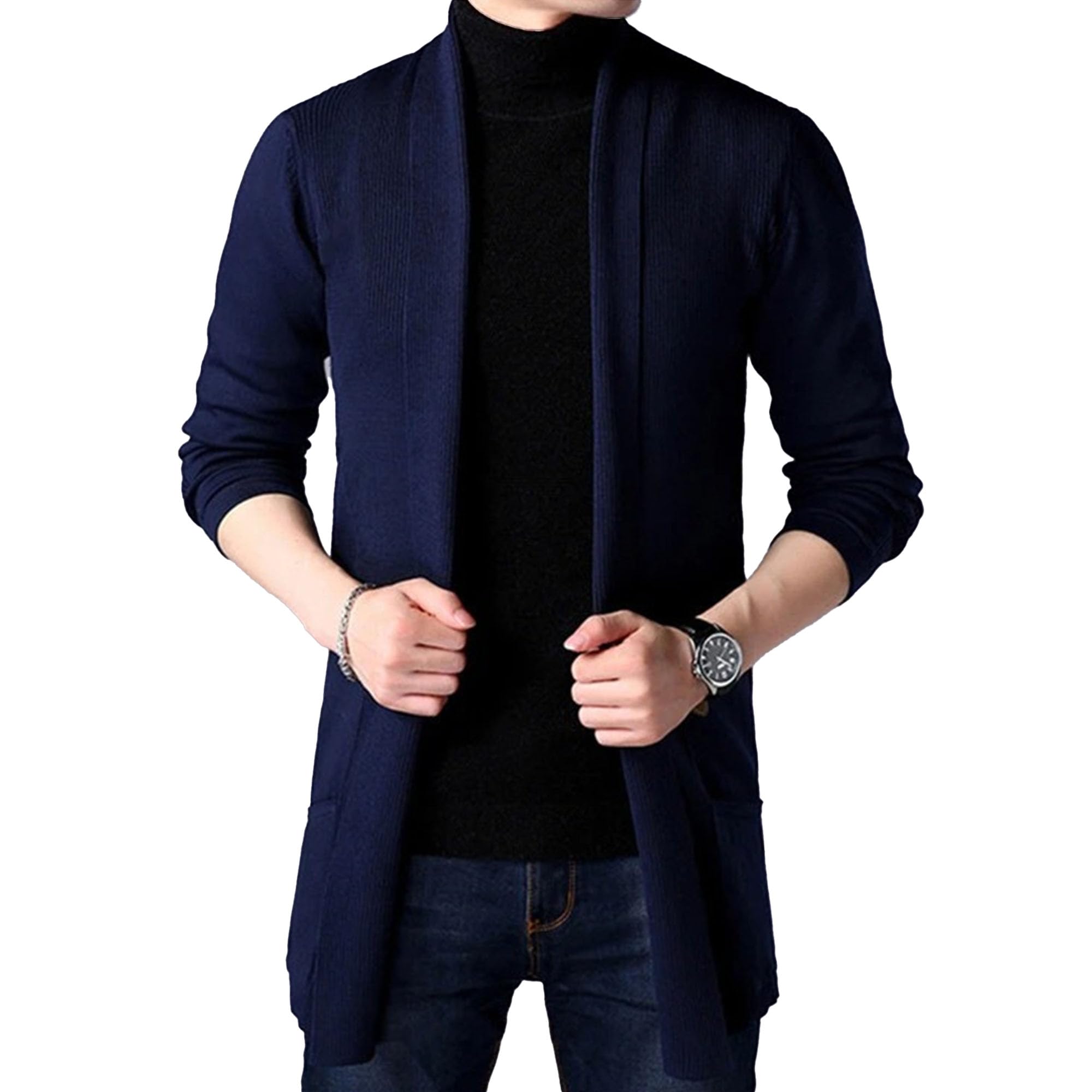 Men's Long Cardigan Sweaters Shawl Collar Open Front Knitted Cardigans Slim Fit Casual Fashion Sweater Jackets