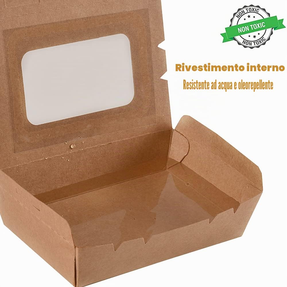 Contenitore per Alimenti da Asporto, 50 Pezzi Scatola di Carta Kraft per Alimenti, Cartone per Insalata, con Finestra, a Prova di Olio e Acqua, per Sandwich, Cheesecake, Hamburger (900ml/32oz)