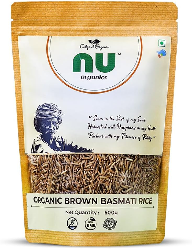 Nu Organic Unpolished Basmati Brown Rice 500g | 100% Organic & Gluten-Free | High in Dietary Fiber | Pesticide & Chemical-Free | Heart-Healthy Low Glycemic Whole Grain Rice |Full Bran Intact