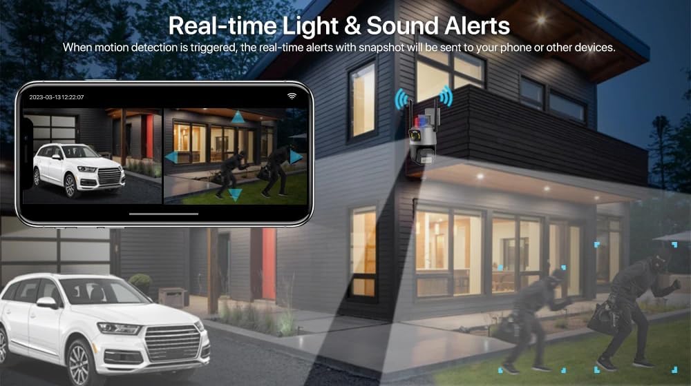 ICSEE WIFI Camera Security 3K 6MP Dual Lens Wireless PTZ Waterproof Human Detection CCTV With Warning Flashing Light, Alexa Supported (Dual Lens Black 6MP)