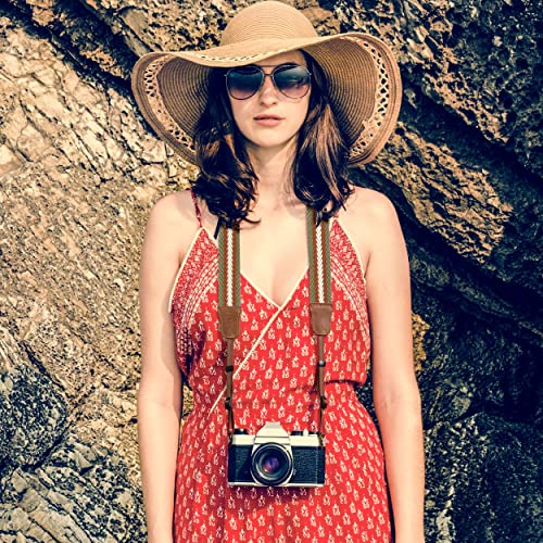 Stripes Camera Strap - 1.5" Cowhide Head Shoulder Neck Strap ,Vintage Woven Multi-Color Camera Straps For Cameras And Binoculars,Cute Adjustable Thin Strap For Adults & Kids(Green Yellow White） #TOP4