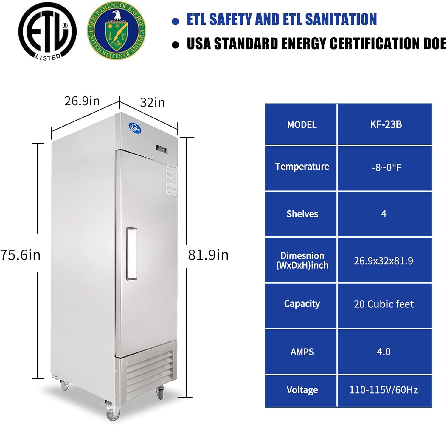Kalifon Commercial Freezer dimensions and specifications