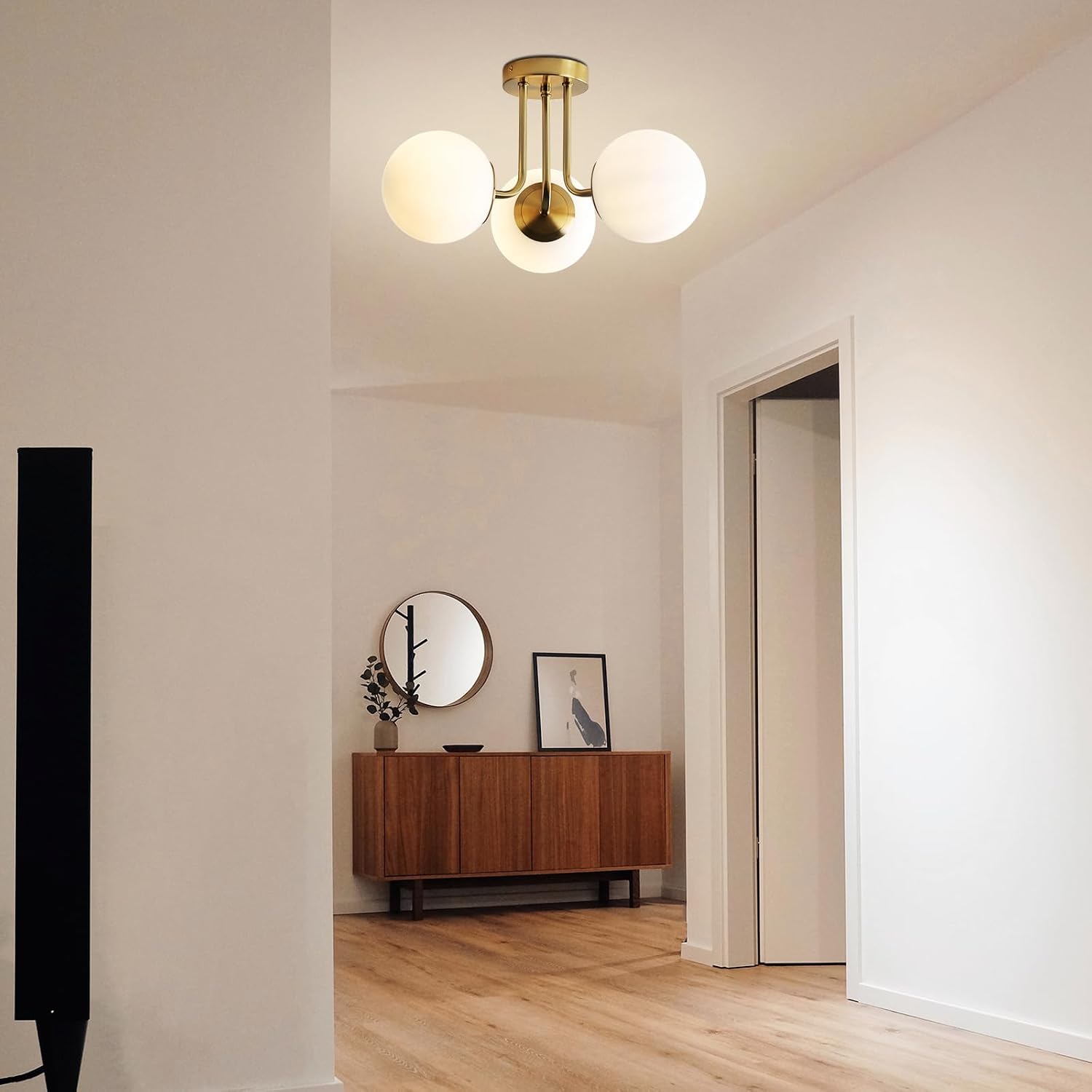 3-Light Globe Ceiling Light, Gold Mid Century Modern Ceiling Light Fixture with White Glass, Semi Flush Mount Ceiling Lamp for Living Room Hallway