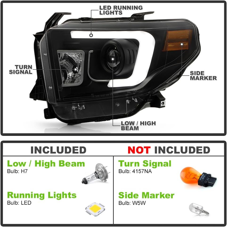 ACANII - For 2014-2017 Toyota Tundra Pickup LED Tube Black Smoked Projector Headlights Headlamps Assembly Set Left+Right