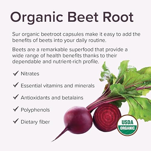 Miniatura 4 de Sur Cápsulas orgánicas de raíz de remolacha de 1000 mg - Apoya la circulación saludable y aumenta la energía - Superalimento de óxido nítrico (120