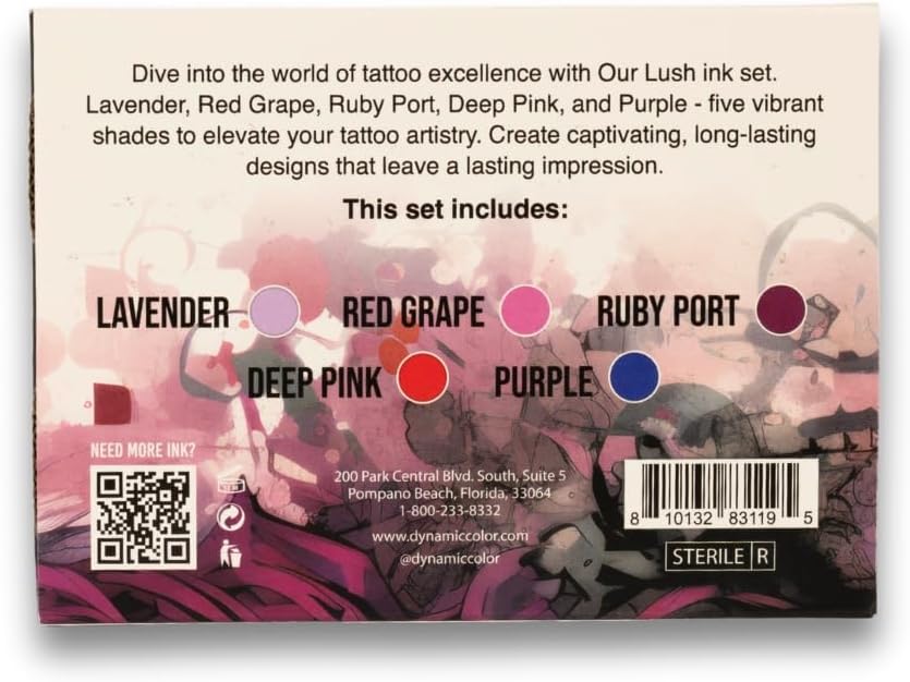 Dynamic Color Co- Lush Color Tattoo Ink Set: 5 Luxurious 1 oz Bottles - Lavender, Red Grape, Ruby Port, Deep Pink, Purple. Platinum Collection, Reach Compliant, Crafted in Spain