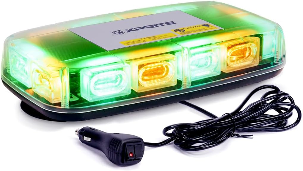 Xprite Upgraded 12" 72LED Rooftop Mini Strobe Lights, Emergency Safety Flashing Beacon Light Bar with Magnetic Base for 12V-24V Construction Vehicles, Trucks, Snow Plow, Postal Car (Amber/Green)
