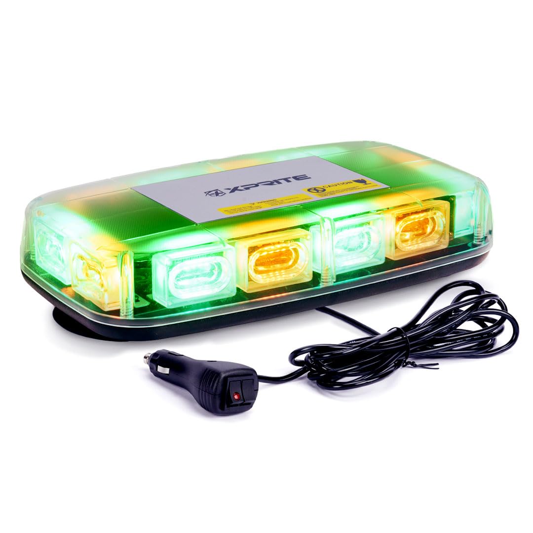 XpriteUpgraded 12" 72LED Rooftop Mini Strobe Lights, Emergency Safety Flashing Beacon Light Bar with Magnetic Base for 12V-24V Construction Vehicles, Trucks, Snow Plow, Postal Car (Amber/Green)