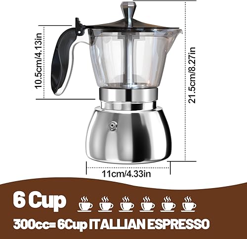 Miniatura 2 de Olla de plástico transparente de 6 tazas de acero inoxidable sin recubrimiento, cafetera italiana, cafetera moca greca, cocina clásica de inducción