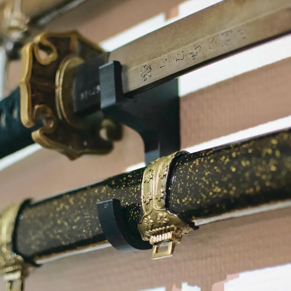 Image of Double Rack Katana holder Wall Mount | Traditional Japanese Style | Dual Slots for Sword & Saya for Samurai, Anime & Decorative Swords | Easy Installation | Bioplastic (1 Pair)