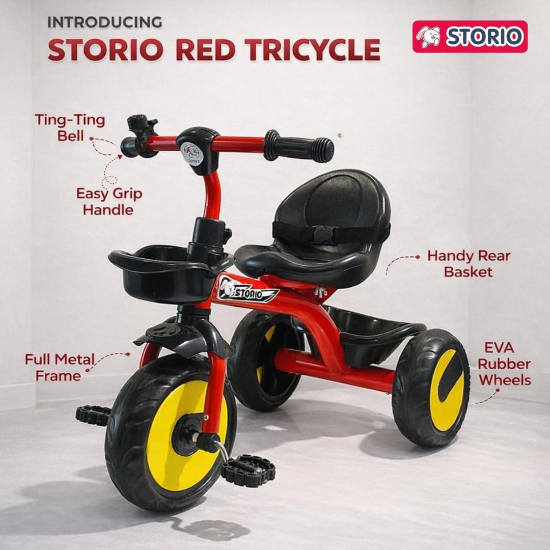 Kids Tricycle with EVA Wheels, Bell & Front & Rear Basket | Sturdy Baby Trike for Boys & Girls Age 2–5 Years | Comfortable Seat, Anti-Skid Wheels, Durable Frame | BIS Certified Kids Cycle - Red