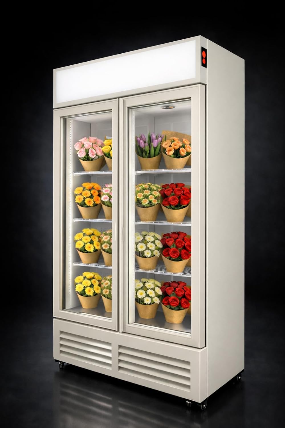 Commercial Flower Refrigerator Floral Display Cooler,White 2 Glass Doors Fridge With LED Light Adjustable Shelves,ETLSanitation Approval,40" Wide, Adjustable Shelves & Wheels Included