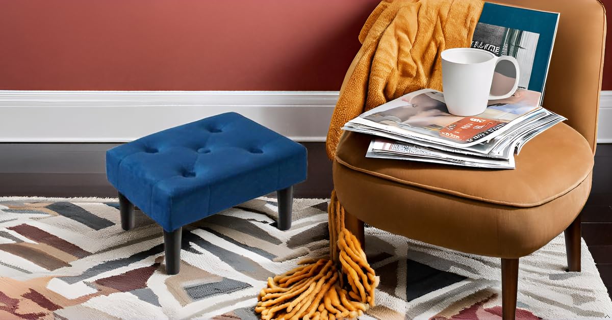 Rectangle Ottoman,Velvet Soft Footrest Ottoman with Wood Legs,Sofa Footrest Extra Seating for Living Room Small Stool for Living Room Couch Pets (Blue)-image-28