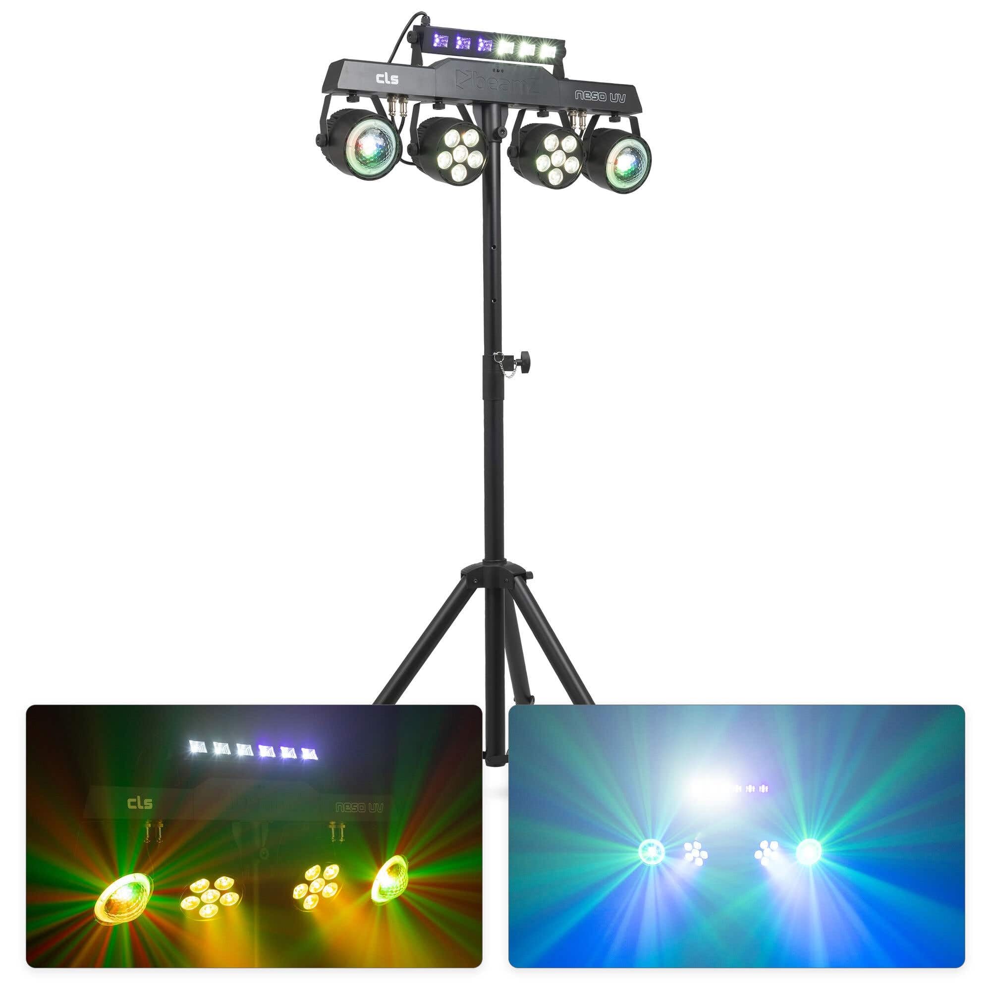 BeamZ CLS NesoUV Party Bar con 2 jelly moon, 2 par led rgbw y barra UV strobe, barra led dj con tripode, dmx 512, luces discoteca para casa, luces dj y luces escenario