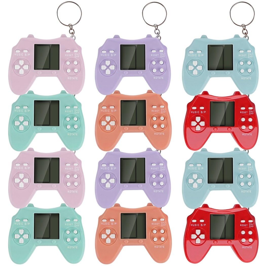 Homaisson12 Pcs Mini Video Gamepads, Nostalgic Video Game Party Favors, Built-in 26 Classic Games, 6 Colors Video Game Keychains for Party Backpack Decorations (12PCS- C)