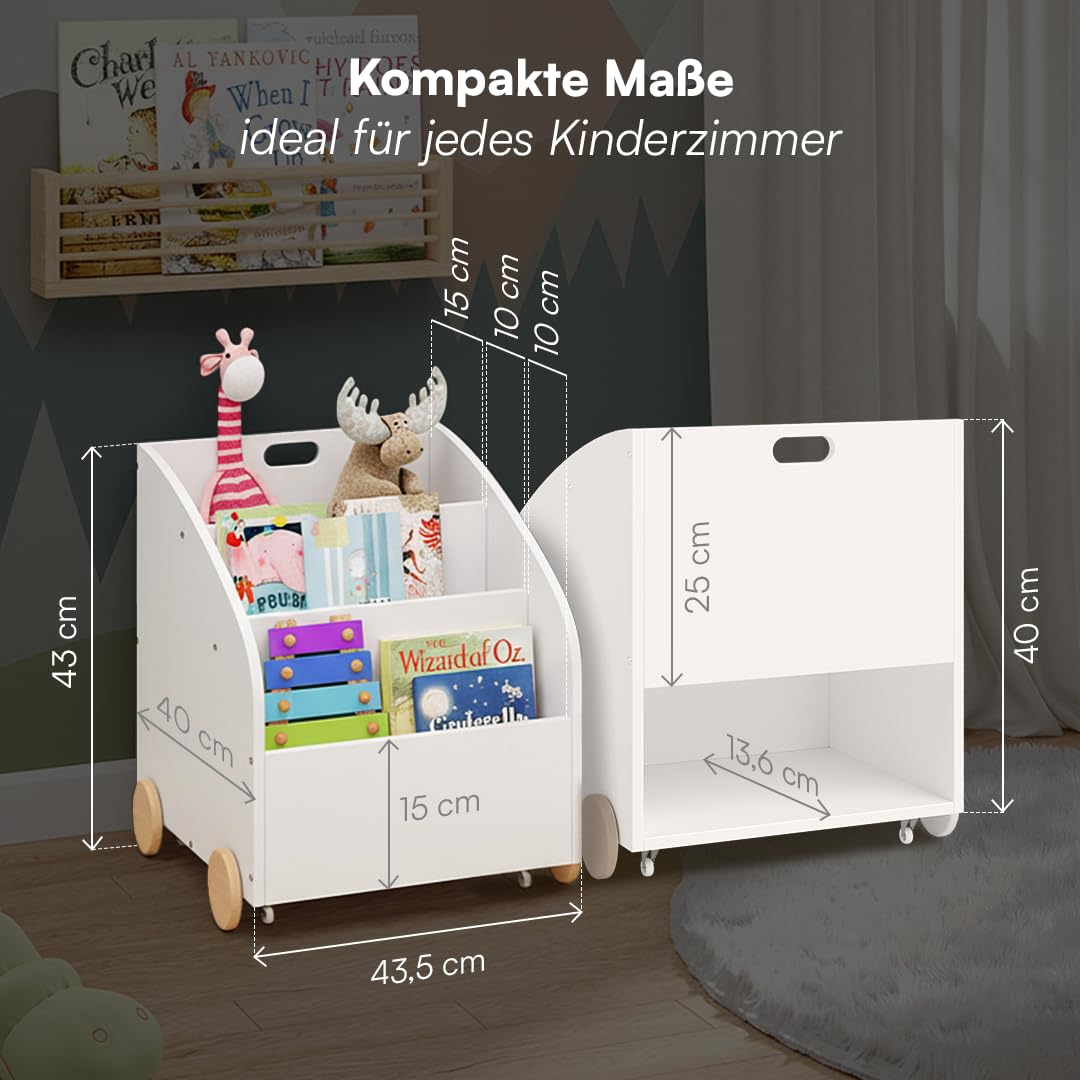 Bellabino Towy Kinderregal – Kinder Bücherregal mit 3 Fächern – Montessori Regal Weiß - Aufbewahrungsregal Kinderzimmer mit Rollen – Spielzeugregal mit Geheimfach – Kinderbücherregal 43x40x43 cm