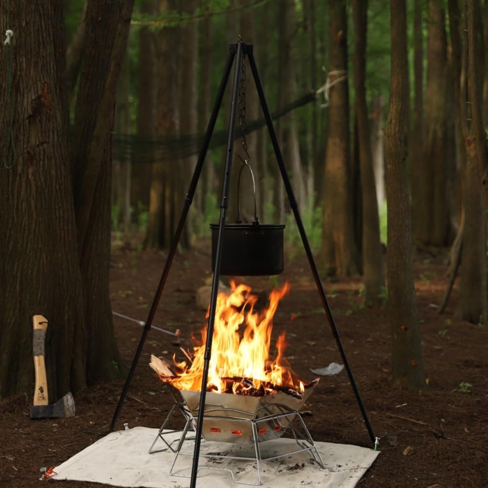 Olla colgante de camping de 15 L con tapa y vaporizador, juego de utensilios de cocina de aleación de aluminio anodizado duro con tabla de cortar, mango resistente al calor para picnic al aire libre