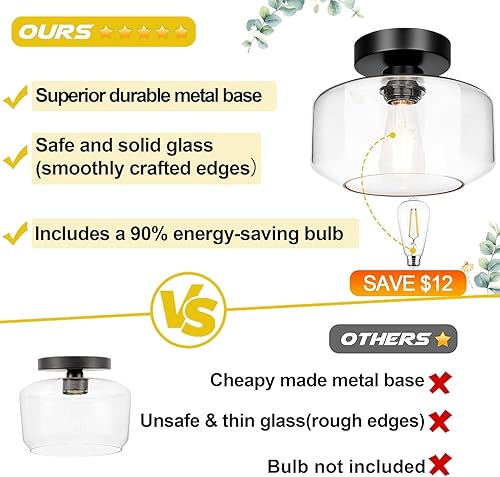 Miniatura 2 de Lámpara de techo industrial semiempotrada, bombilla LED de 800 lúmenes incluida, accesorio de lámpara de techo con pantalla de vidrio transparente,