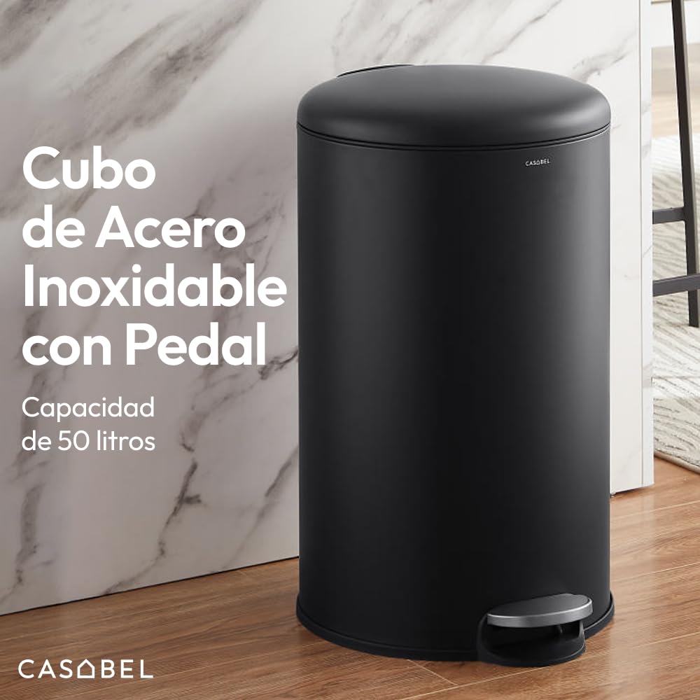 CASABEL Cubo de basura de cocina redondo 50L, acero inoxidable, negro | Apertura con pedal, Cierre suave, Acero antihuellas, Aro de sujeción de bolsa, Asa de transporte, Fácil mantenimiento