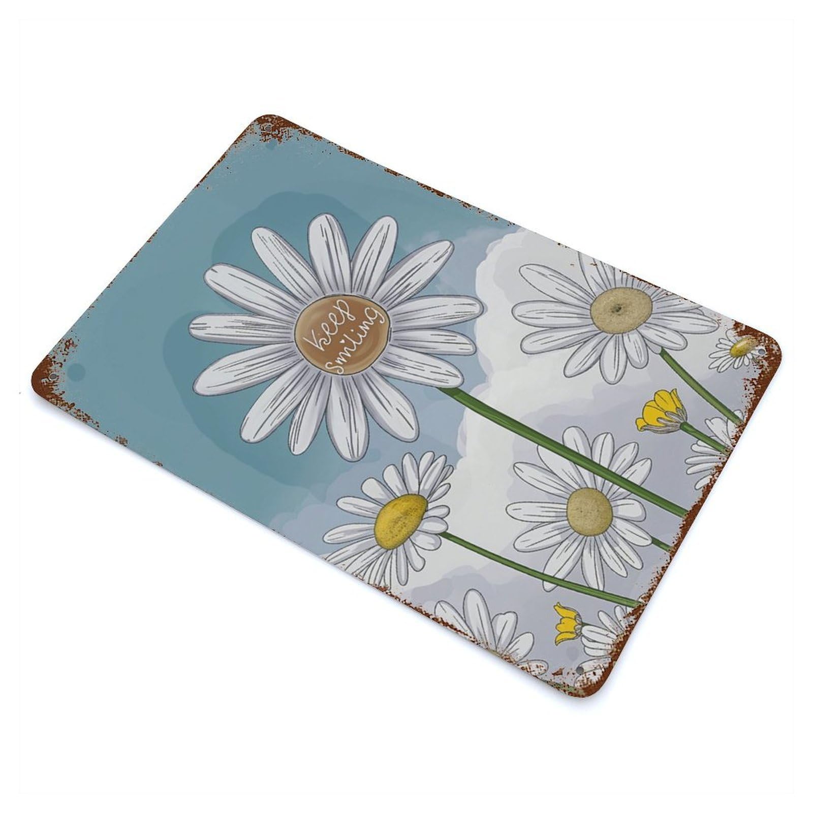 Aged Metal Wall Plaque with Keep Smiling Daisies Design 11.8"x7.9", for Cafe, Home Bar And Lounge Decor, Novelty Wall Decor