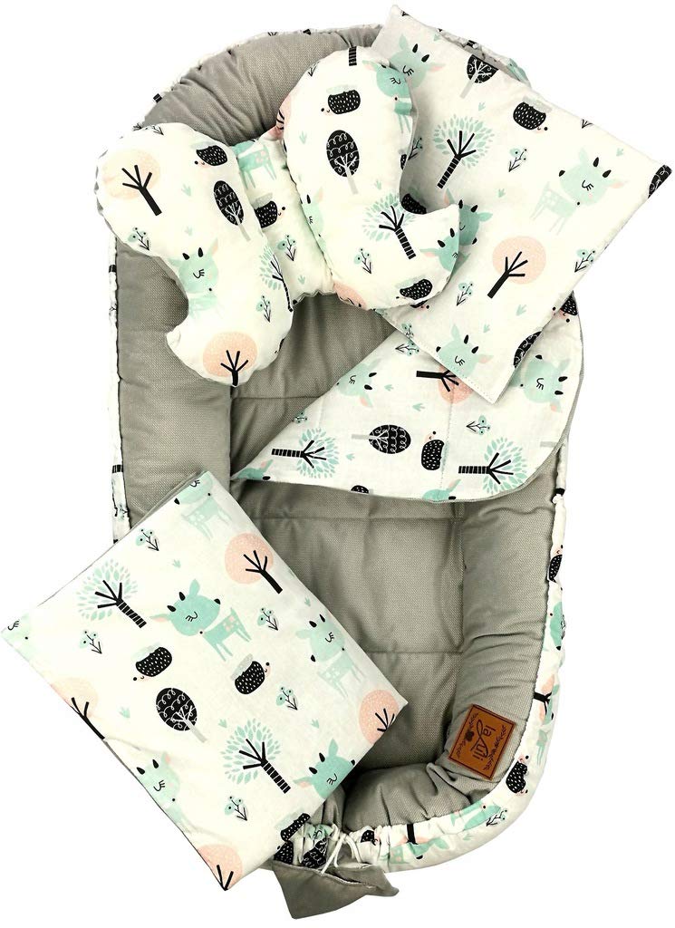 Babynest - Paracolpi per lettino da viaggio, 10 in 1, 110 x 60 cm, federa per cuscino Flufy (grigio/bianco foresta)