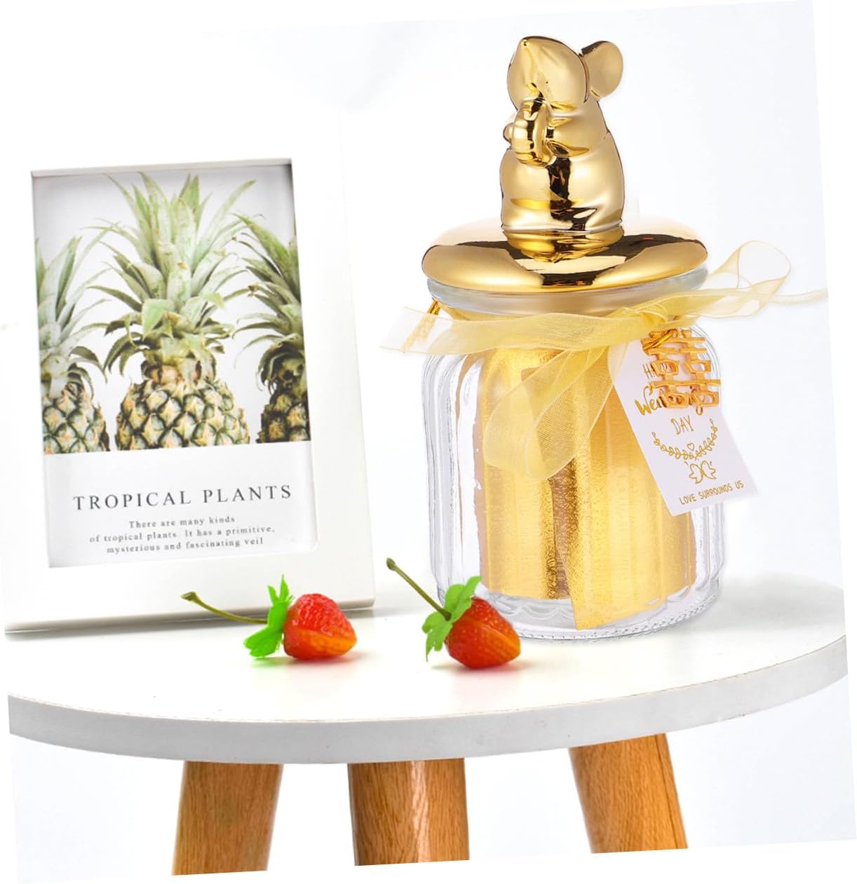 VICASKY Glass Candy Jar with Gold-plated Seal, Ceramic Animal Lid Storage Bottle for Holiday Party Favors and Wedding Snacks Display