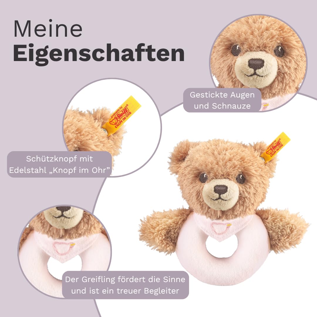 Steiff Kuscheltier Schlaf-gut-Bär Greifling mit Rassel, Süßes Stofftier, Jungen, Mädchen & Babys ab 0 Monaten, Spielzeug 12 cm, Klein, Rosa, 239557