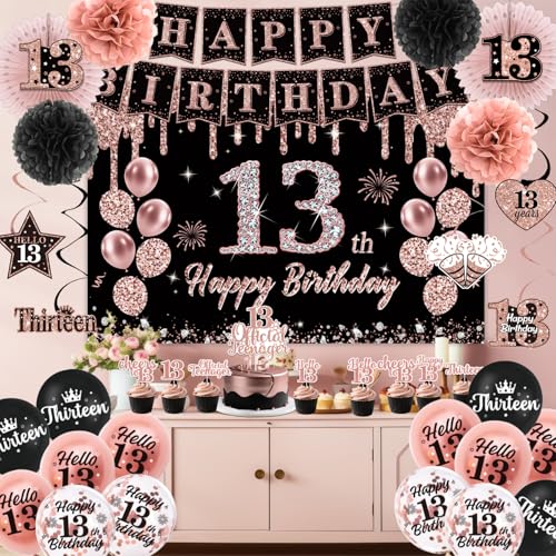 13th Birthday Decorations for Girls, Black Rose Gold It's My 13th Birthday Banner, Balloons,Hanging Swirls,Cake Topper,Backdrop,Crown,Sash,Paper Fans,for Happy 13 Years Old Party Decor Supplies by Peghoqu - Used condition - Image 5