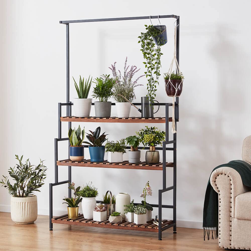 CENZEN Hanging Plant Stand Indoor Outdoor 3 Tiers Metal Plant Shelf for Patio Garden Bamboo Flower Pot Holder Rack Black