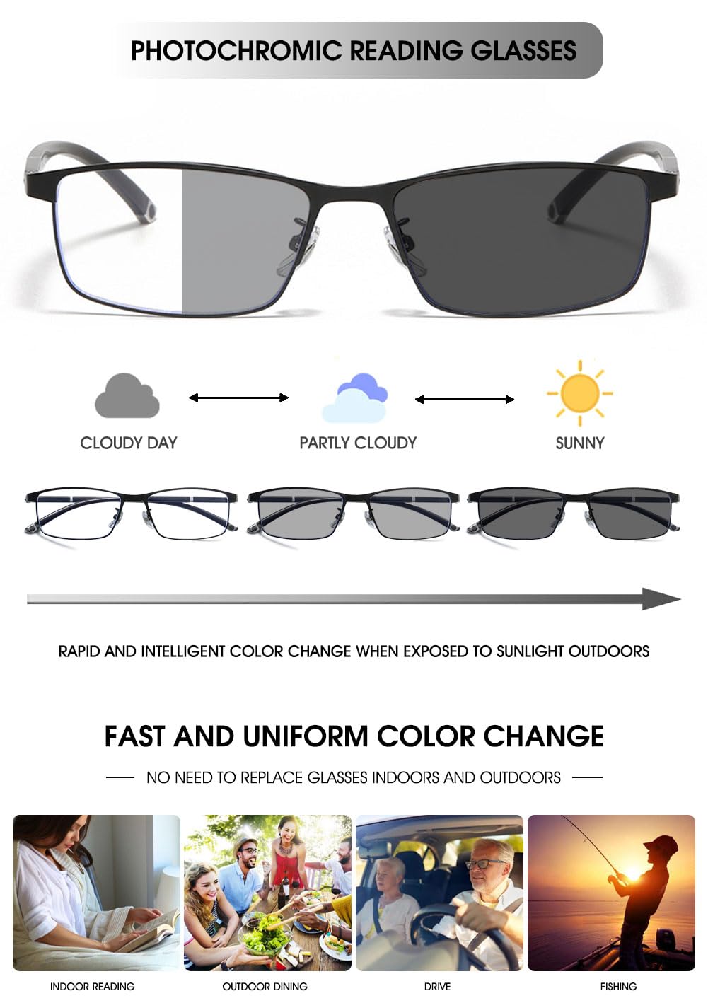 VEVESMUNDO Selbsttönende Lesebrillen Multifokale Gleitsichtbrille Blaulichtfilter Metall Progressive Gleitsicht Brille für Herren Damen