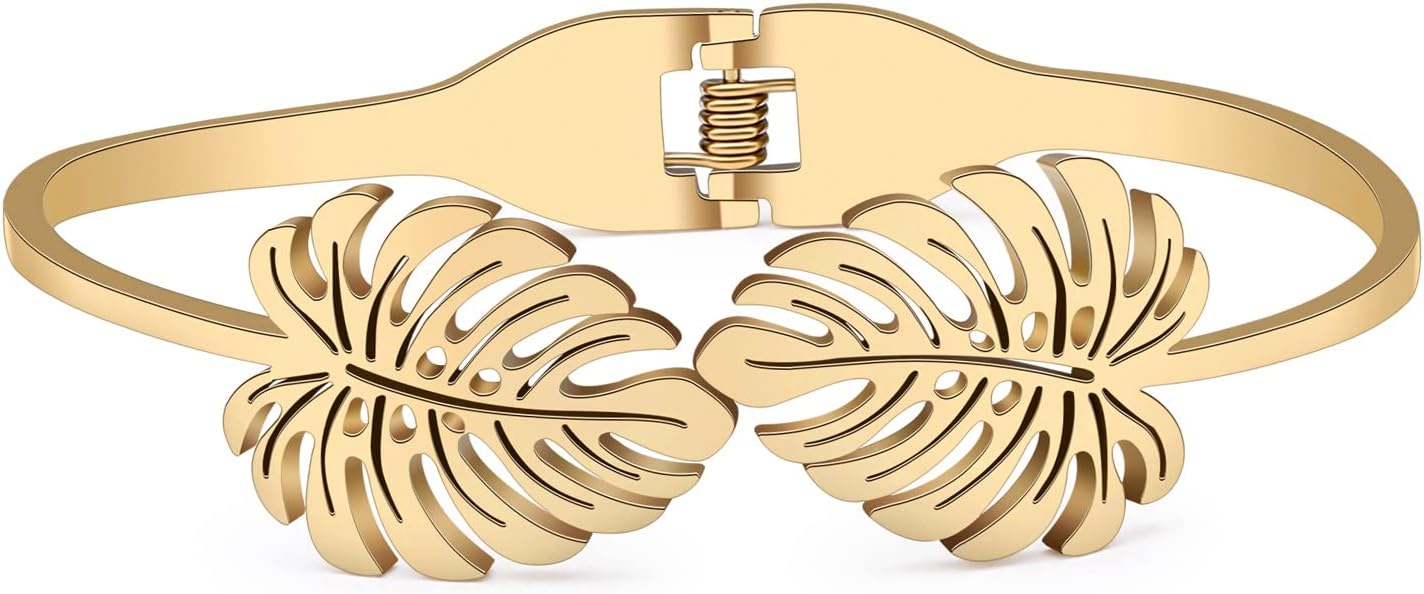 Stainless Steel 18K Gold Leaf Bangle Cuff Bracelet for Women Dainty Crystal Jewelry Gifts for Birthday Charms - Image 2