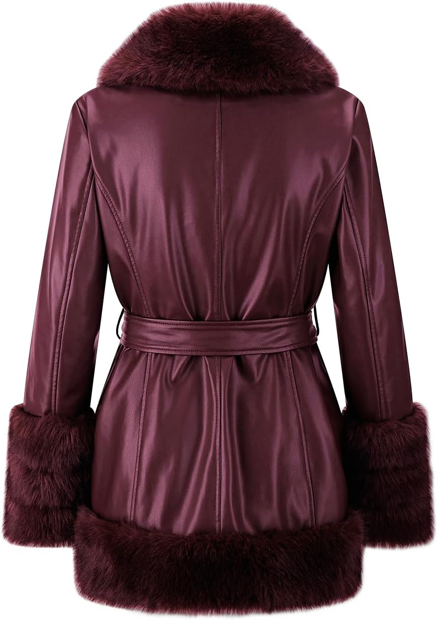Women Faux Fur Leather Jacket Fur Collar Coat Fur Lined Winter Warm Parka With Belt - Image 4