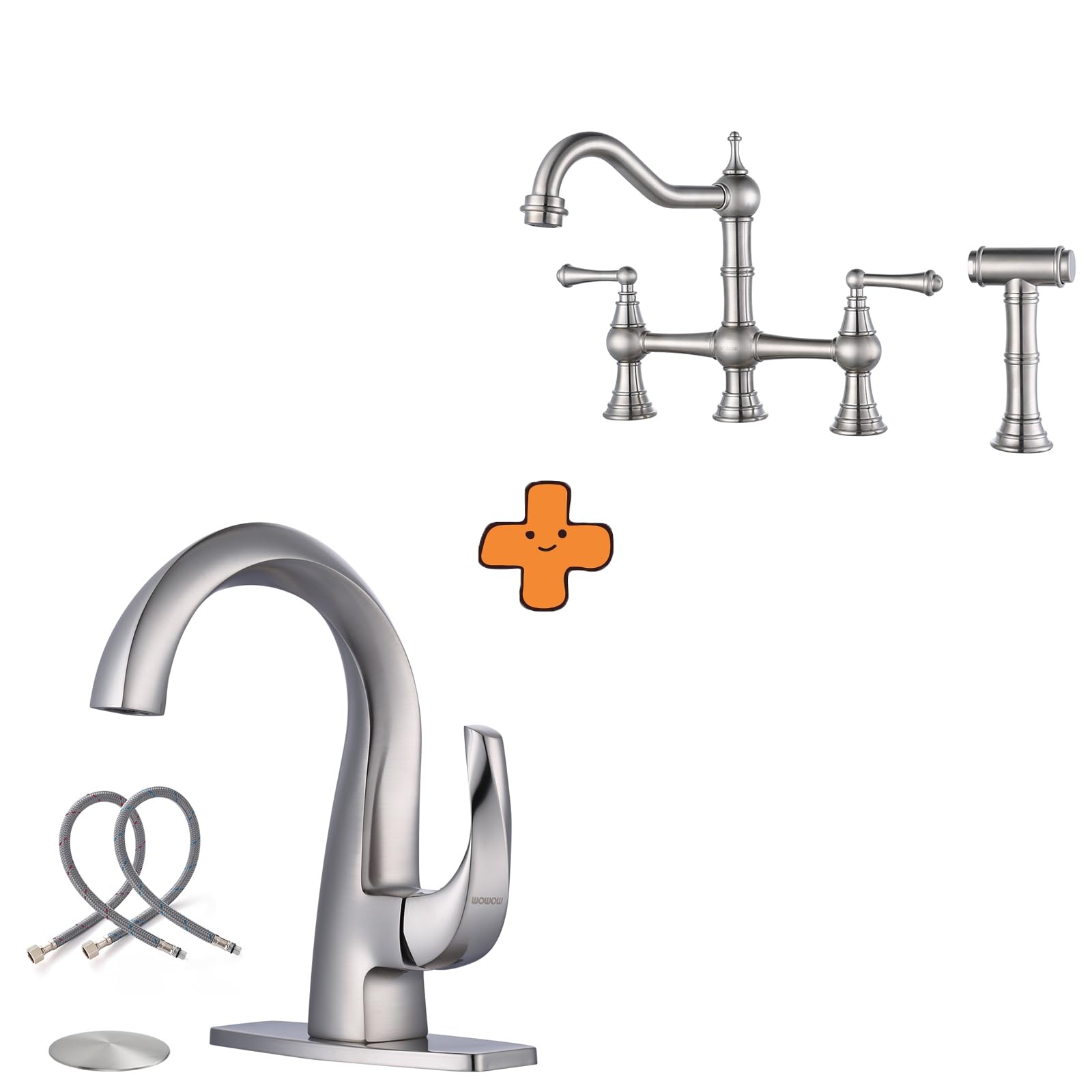 Jnfidosr Single Handle Bathroom Faucet, 1 Hole, High Arc, Brushed Nickel And 8 Inch Centerset Bridge Kitchen Faucet With Brass Side Sprayer 2 Handles 4 Holes