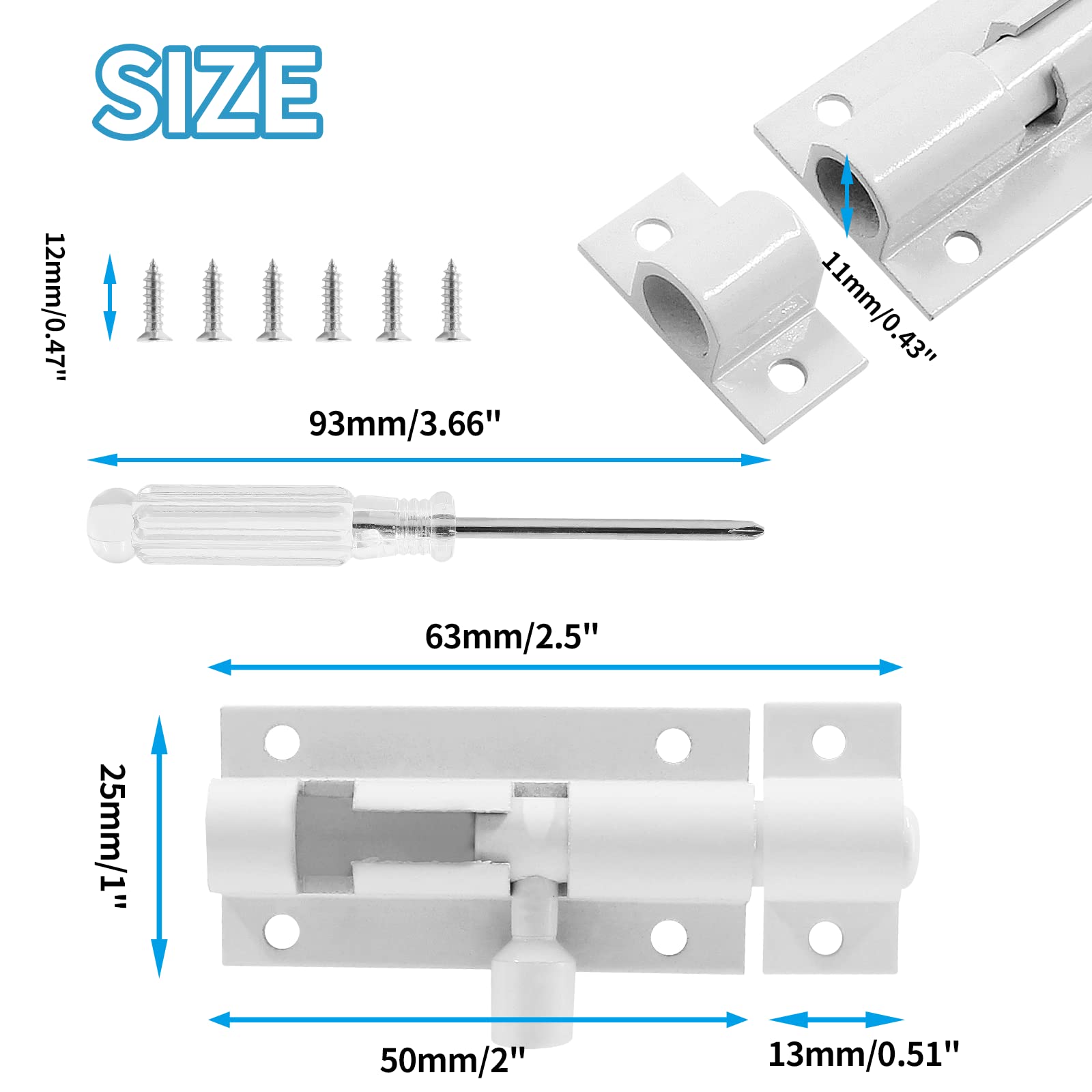 Biaungdo 6-Pack Slide Bolt Latch Lock – 2 Inch, Aluminum Alloy, For Doors, Gates & Cabinets – Includes Screws & Screwdriver (White) - View #12