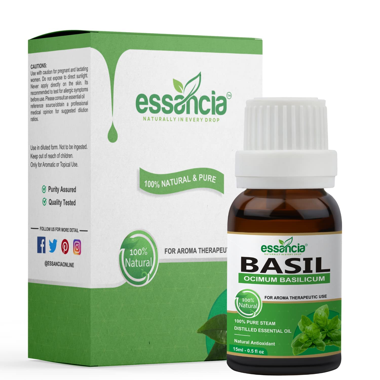 essancia - NATURALLY IN EVERY DROP Basil Essential Oil For Hair Care,Skin Care,Face,Mosquito Bites,Body Massage,Insect-Repellent,100% Natural,Undiluted,Pure & Therapeutic Grade Essential Oil (15Ml)