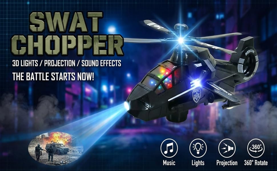 Image of SHAKTISM SWAT Police Helicopter Toy with 3D Lights, Music, Projection Function, Black, Battery Operated, 360 Rotatable Wheels for Kids -1Pc - Random Colour