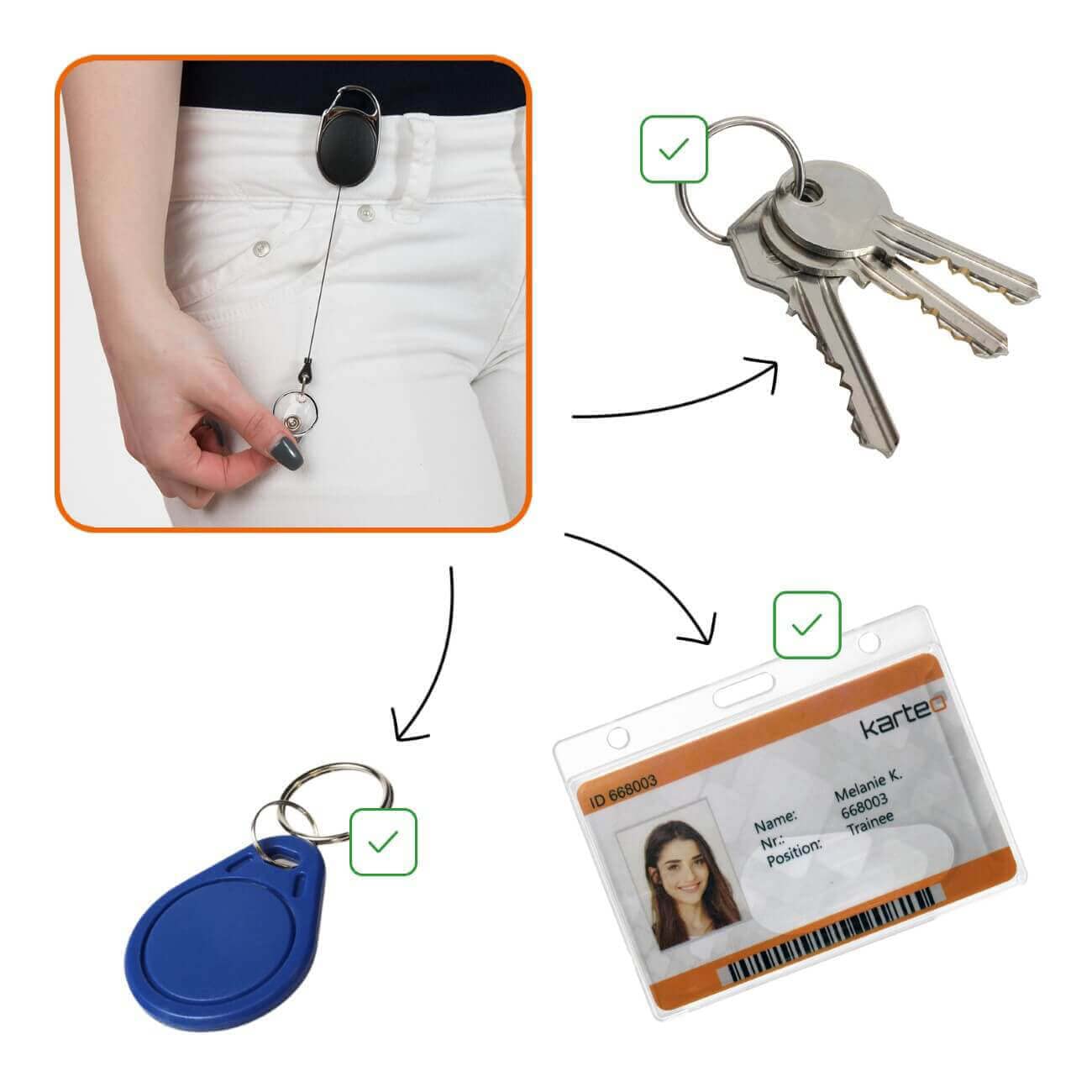 Karteo Ausweishülle mit Ausweishalter ausziehbar [10 Stück] schwarz mit Clip und Karabinerhaken Kartenhalter horizontal für zwei Karten transparent mit Schieber schwarz