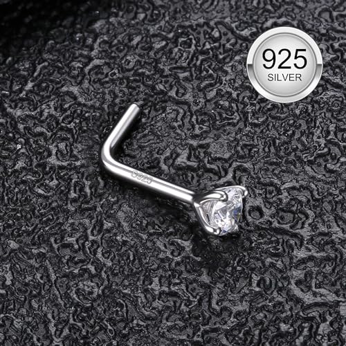 MILACOLATO 925 Sterling Silver Nose Studs, 18G 20G L Shaped Nose Rings, Simulated Diamond CZ Hypoallergenic Nose Piercings for Women Men 1.5 2 3MM2