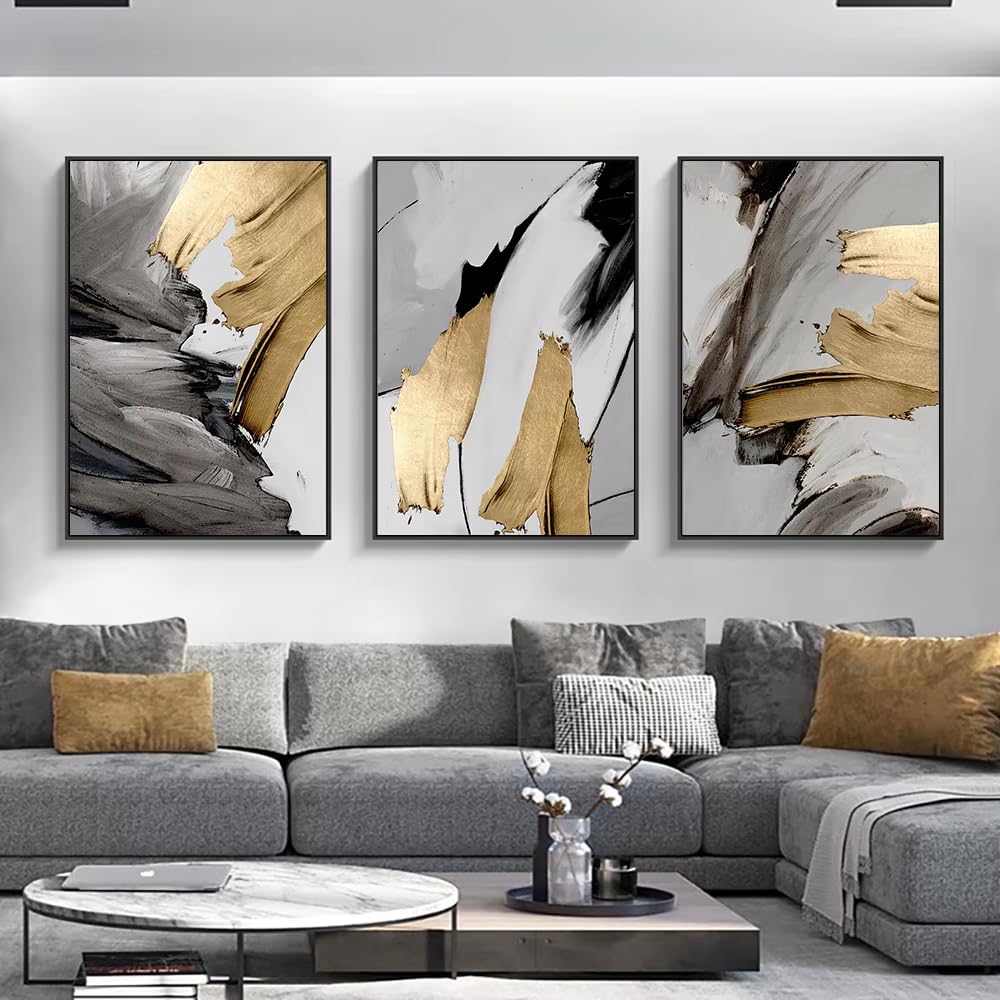 XIANGPEIFBH 3-teiliges Set rahmenloser, luxuriöser, abstrakter, grau-goldener Gemälde als Wandbilder auf Leinwand für Wohnzimmer, Homeoffice (60x90cm/24x35in) x3 Ungerahmt