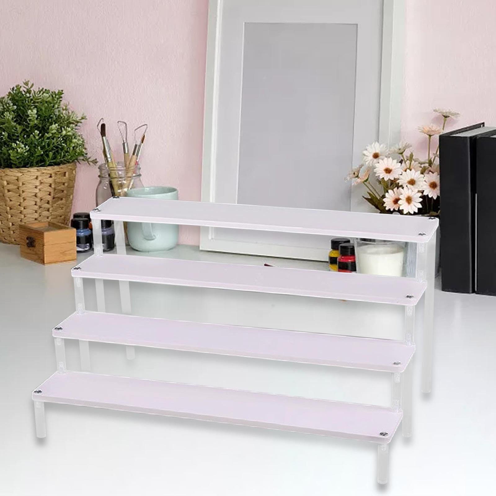 Présentoir surélevé en Bois et Acrylique Escalier de Rangement pour Figurines Miniatures Étagère à Épices Organiseur D'Objets Adaptés pour Exposition, 4 Couches 50CM