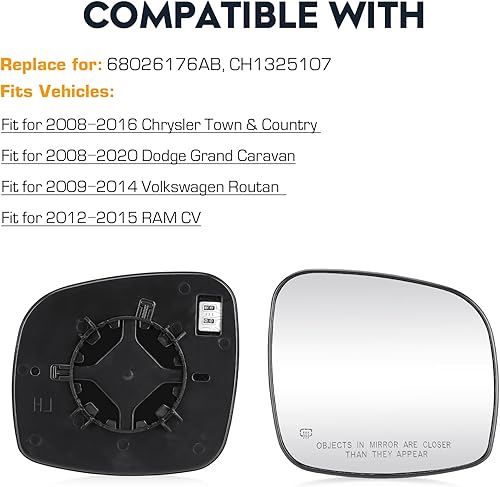 Miniatura 6 de Espejo lateral izquierdo del conductor con calefacción para Dodge Grand Caravan 2008-2020, para Chrysler Town & Country 2008-2016, para RAM CV